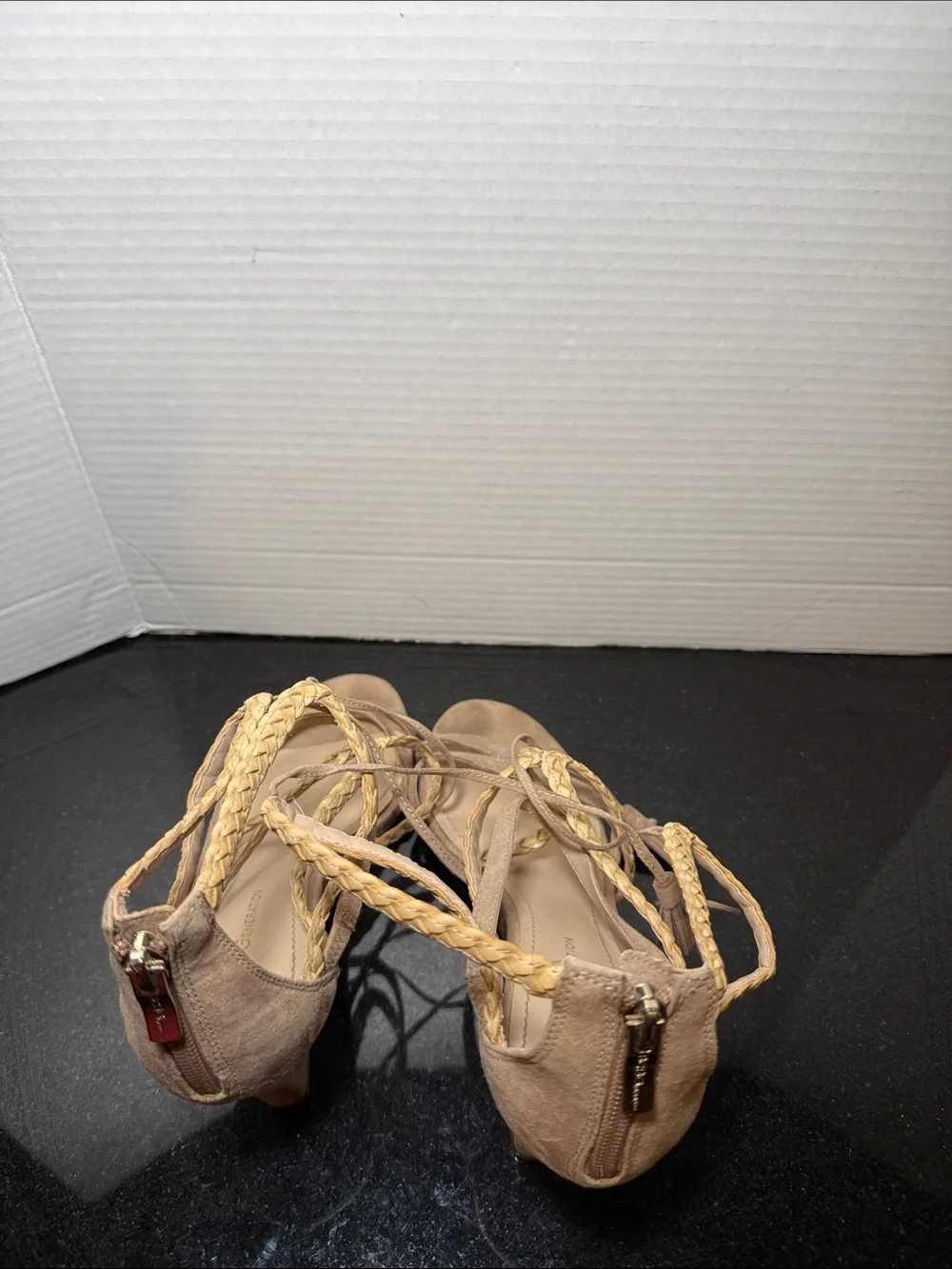 BCBGeneration Taupe Faux Suede Wedge Sandals Braided Straps Size 8.5
